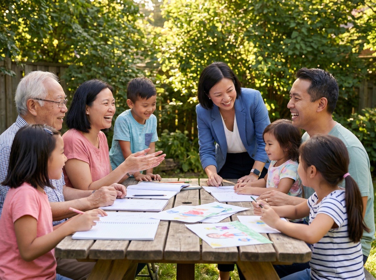 A caseworker meeting with a multi-generational family at an outdoor table