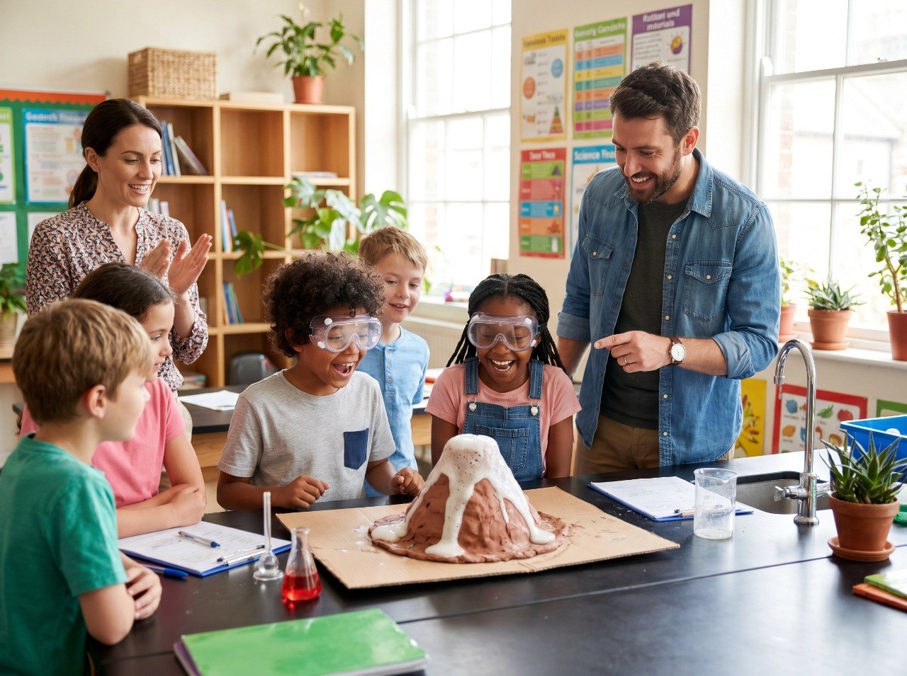 Children in a classroom watching a hands-on science experiment with a teacher