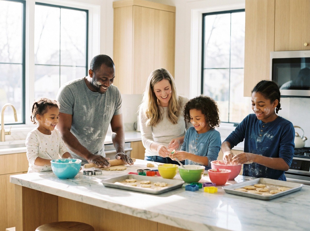 A family baking cookies together in a sunlit kitchen