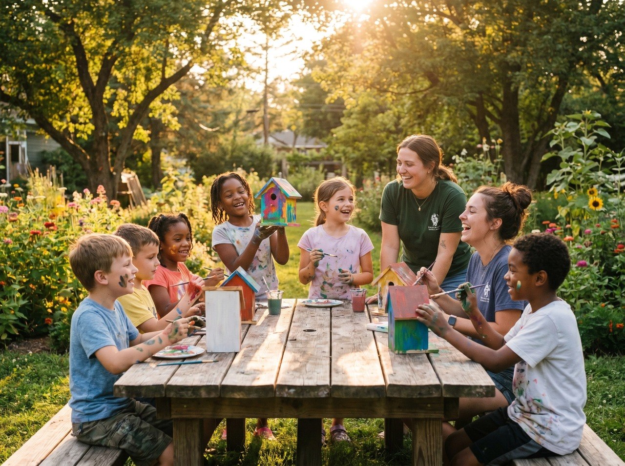 A group of children painting birdhouses with two caretakers in a garden