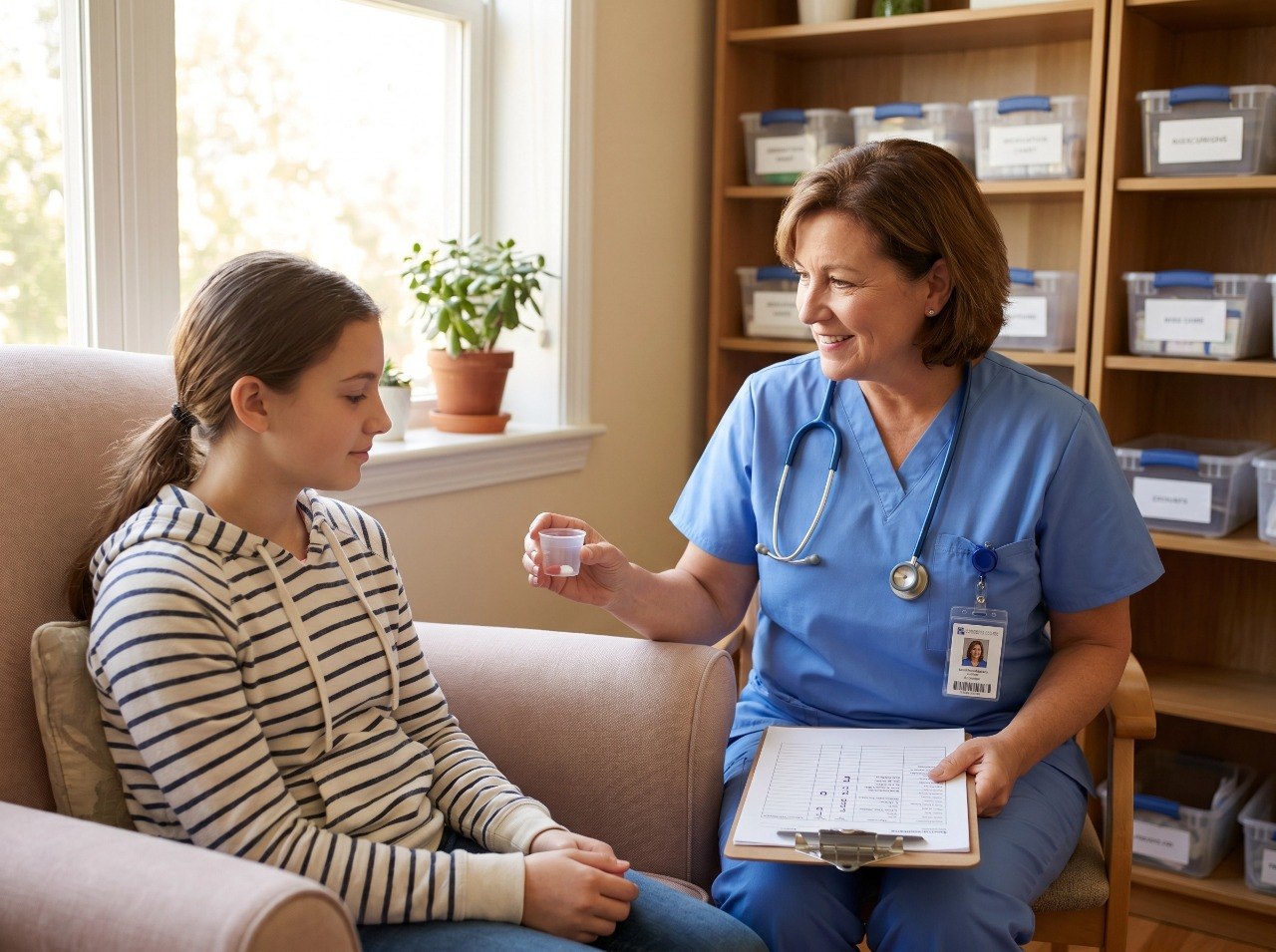 A nurse handing a medication cup to a teenage girl in a quiet room