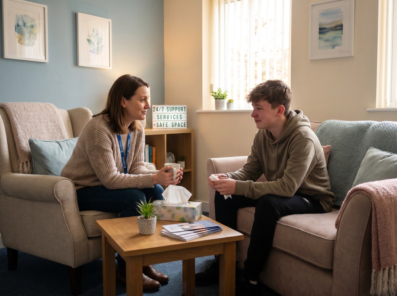 A counselor sitting with a teenager in a calm support room