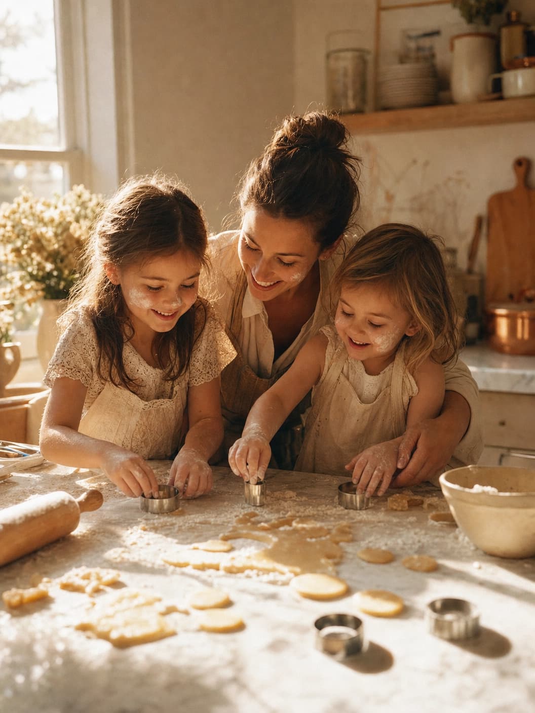 A mother and her two daughters baking cookies together in a sunlit kitchen