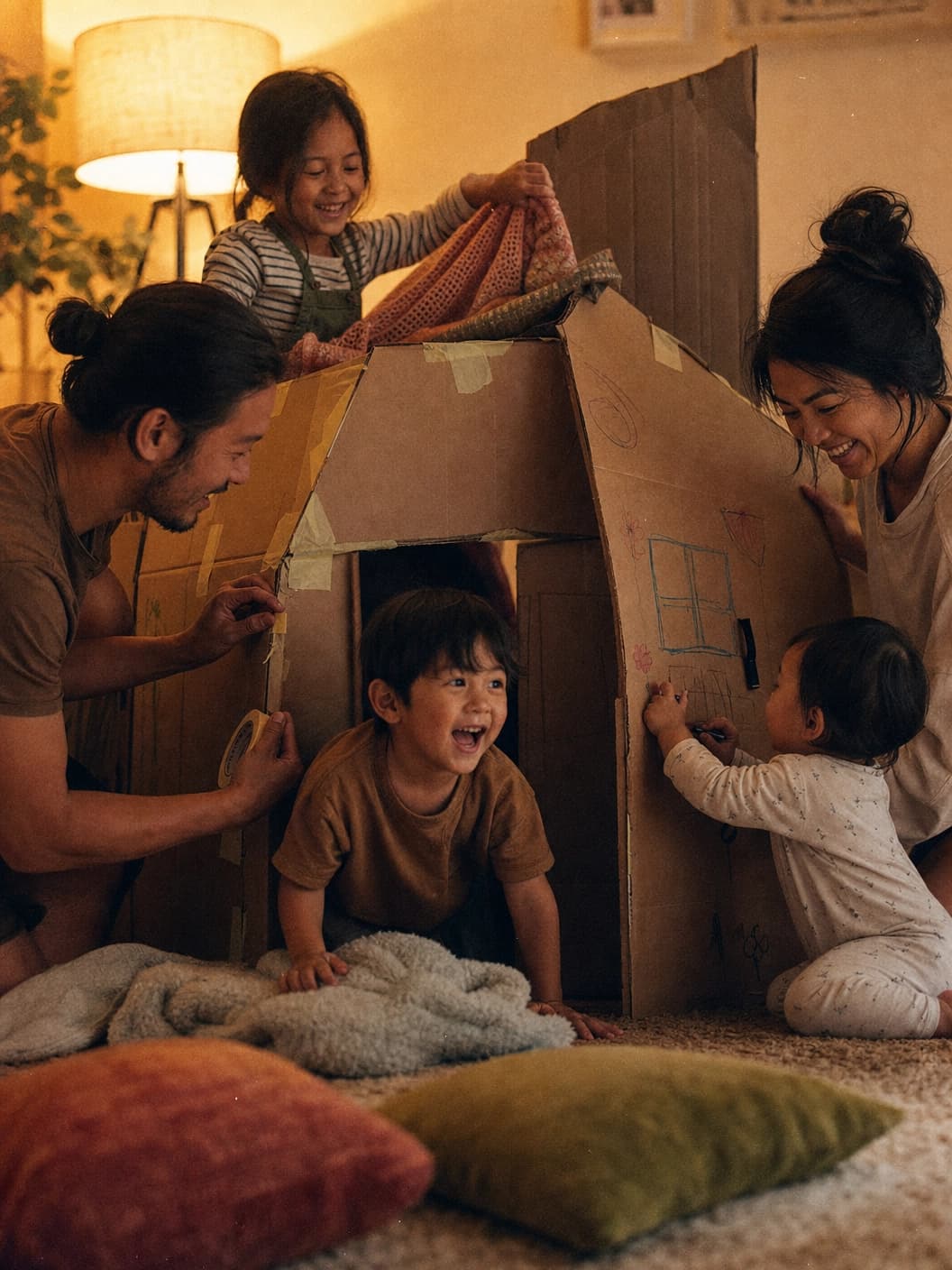 Parents and three children playing inside a cardboard fort at home