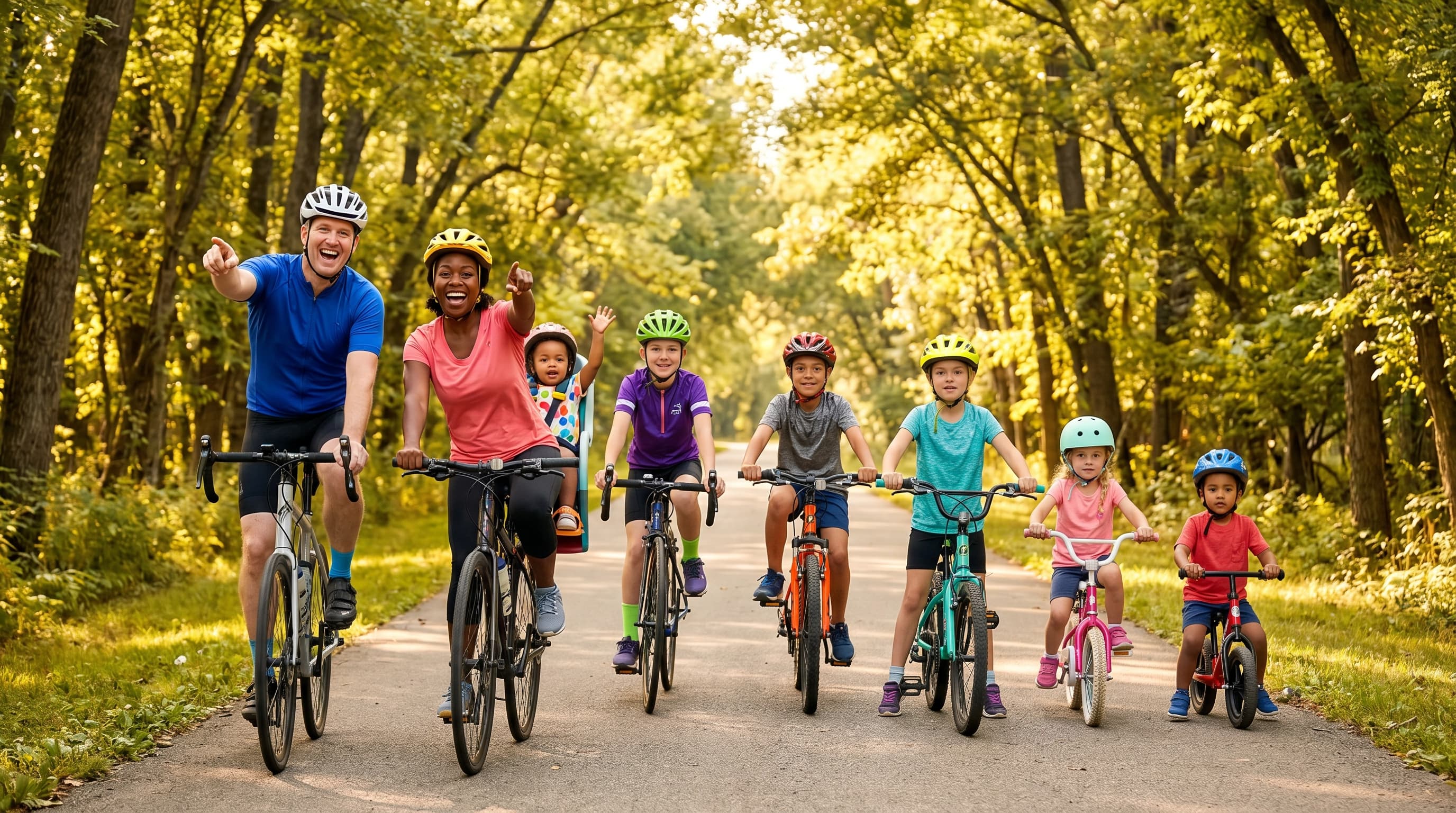 A family on a bike ride together along a tree-lined path