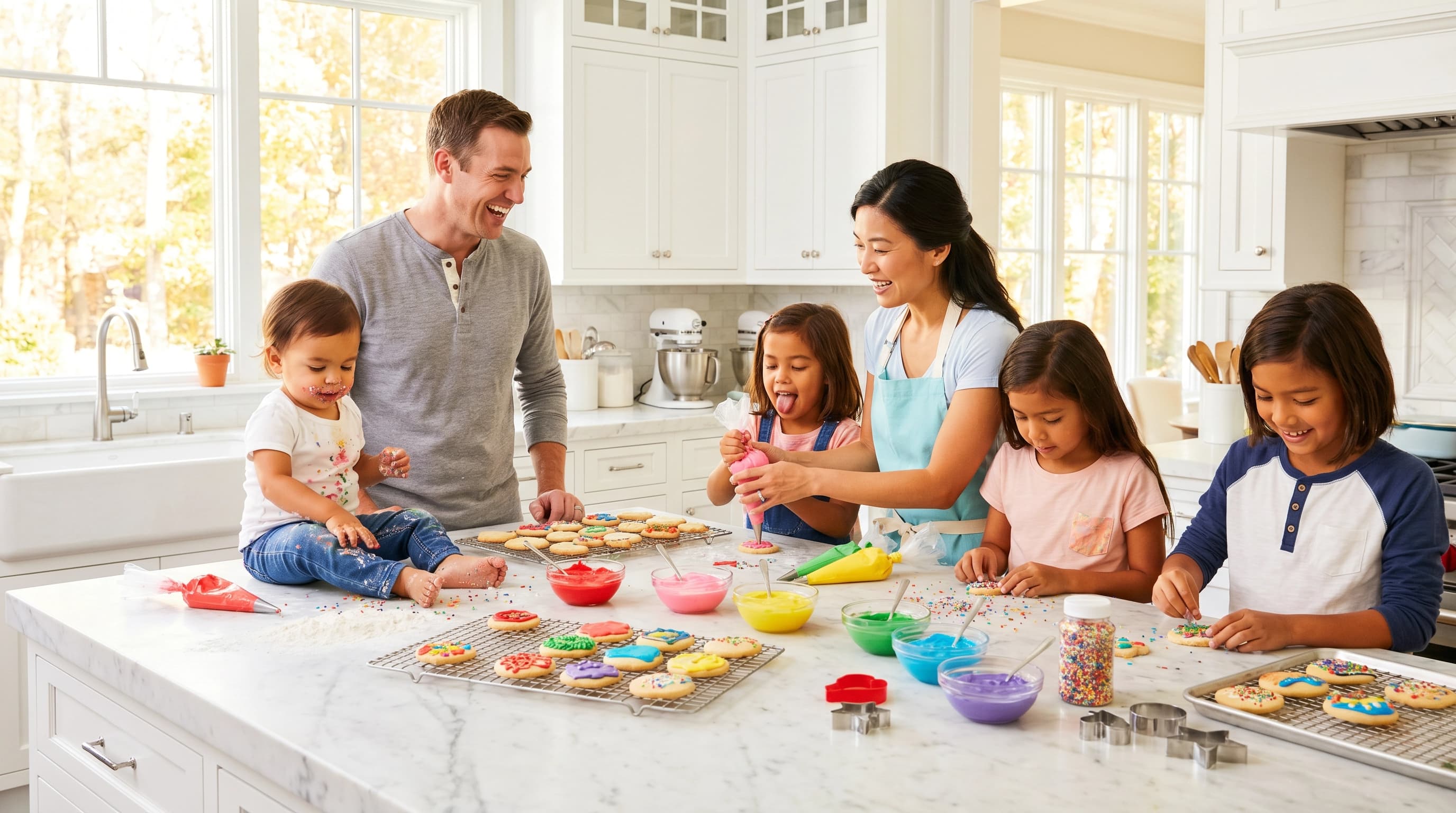 Children decorating cookies with frosting at the kitchen counter