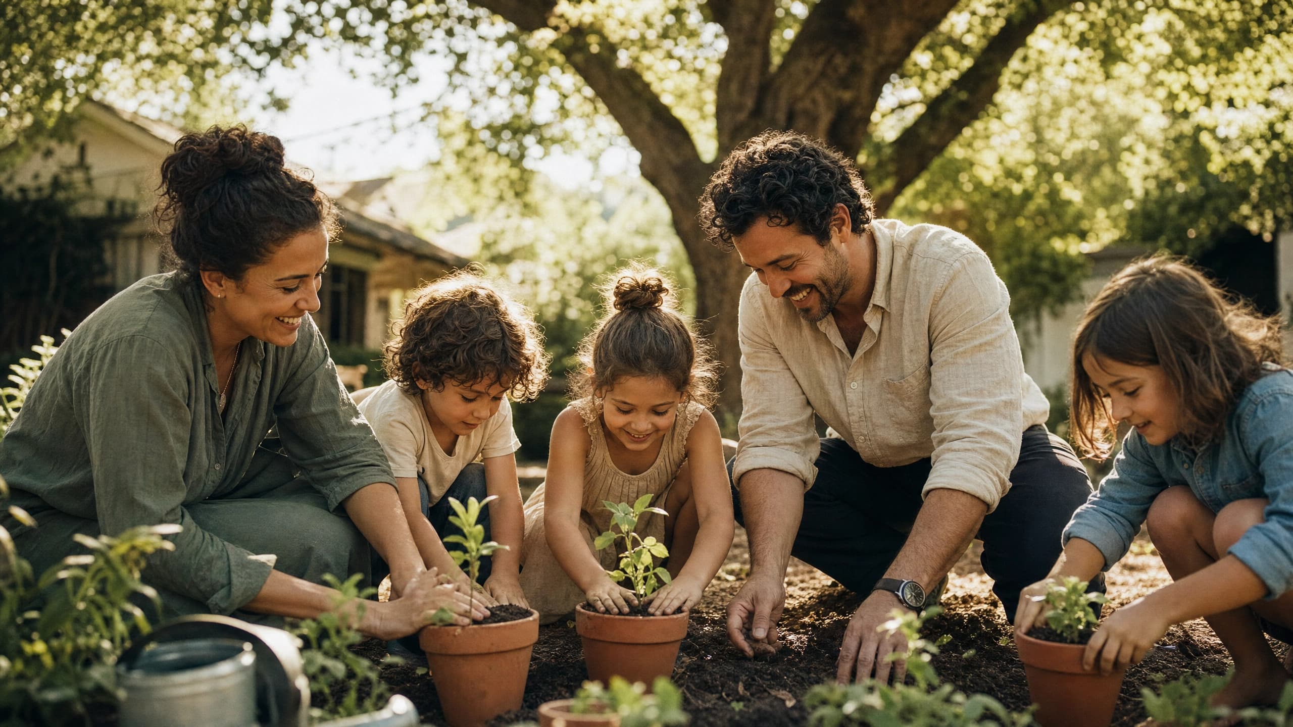 A family building roots together, planting in the garden