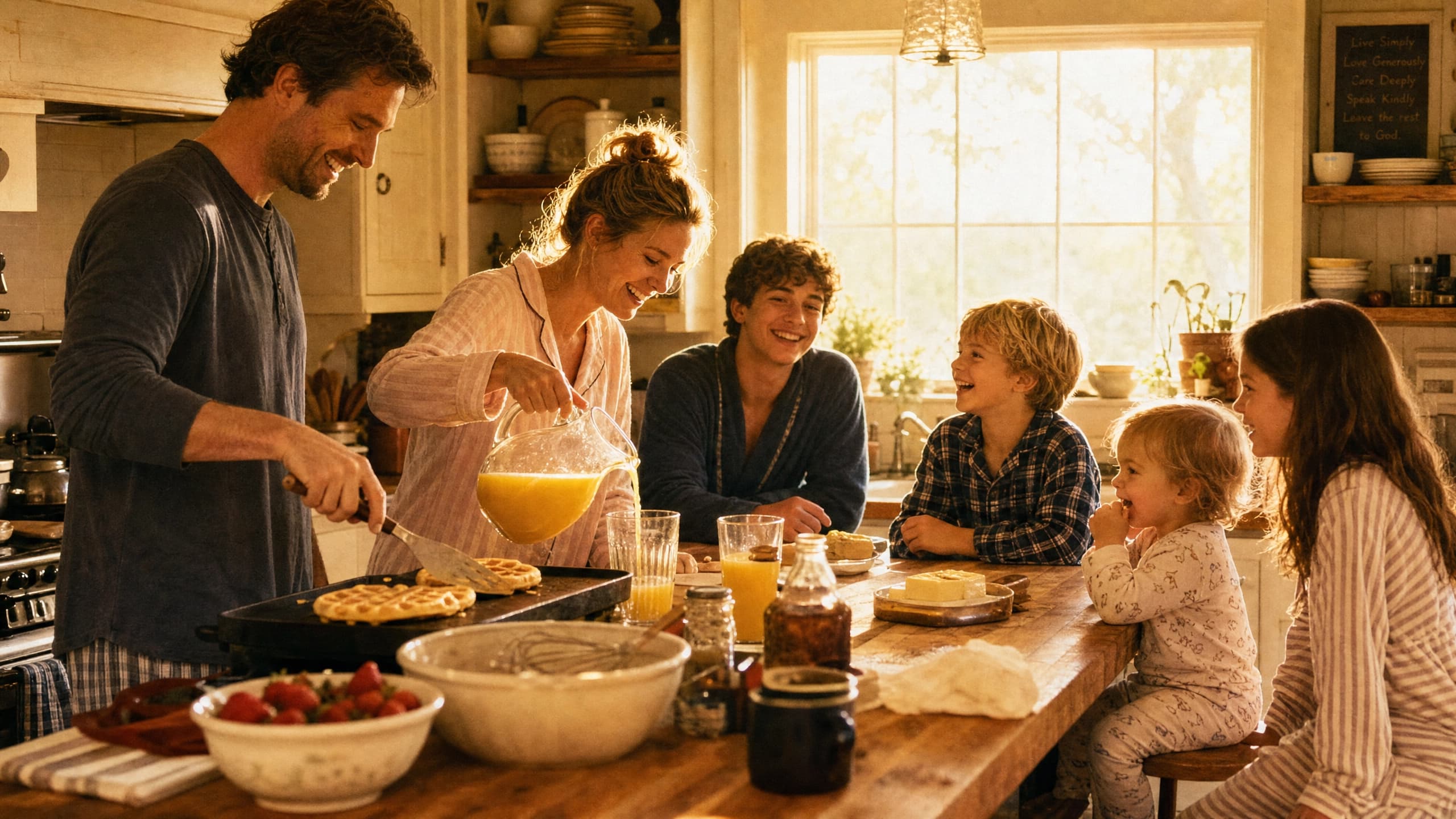 A foster family sharing breakfast together in a sunlit kitchen