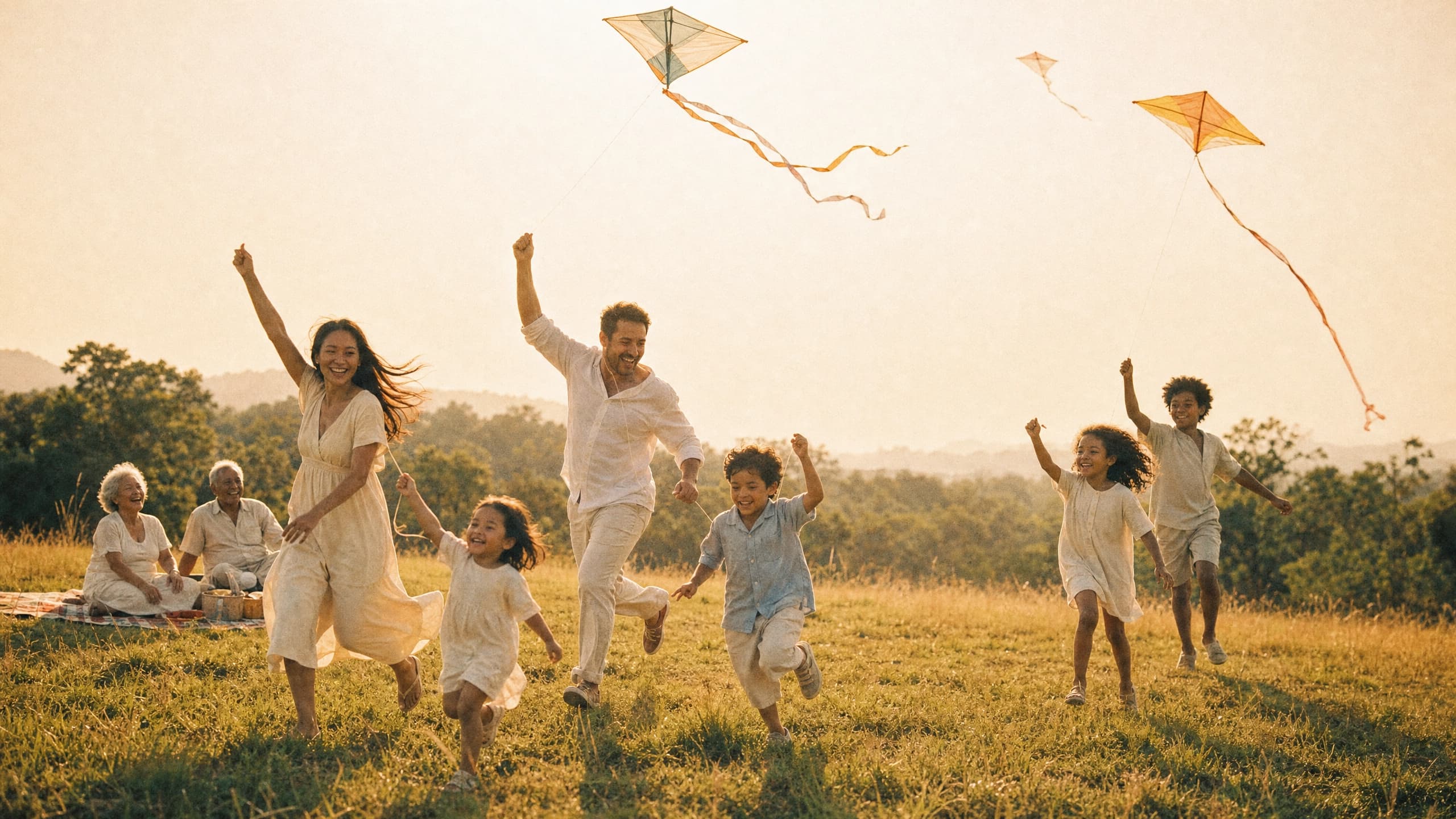 An extended family flying kites together — staying connected