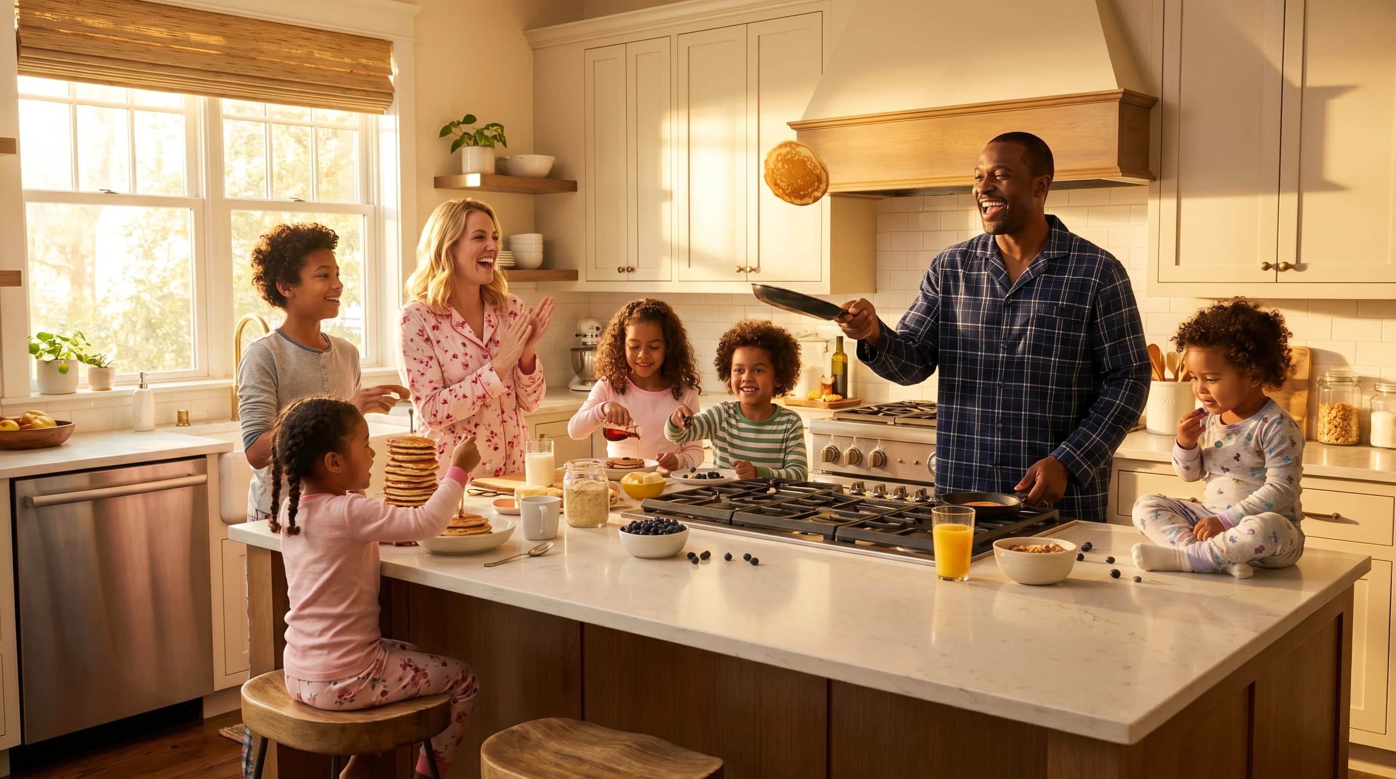 A family sharing breakfast around the kitchen counter