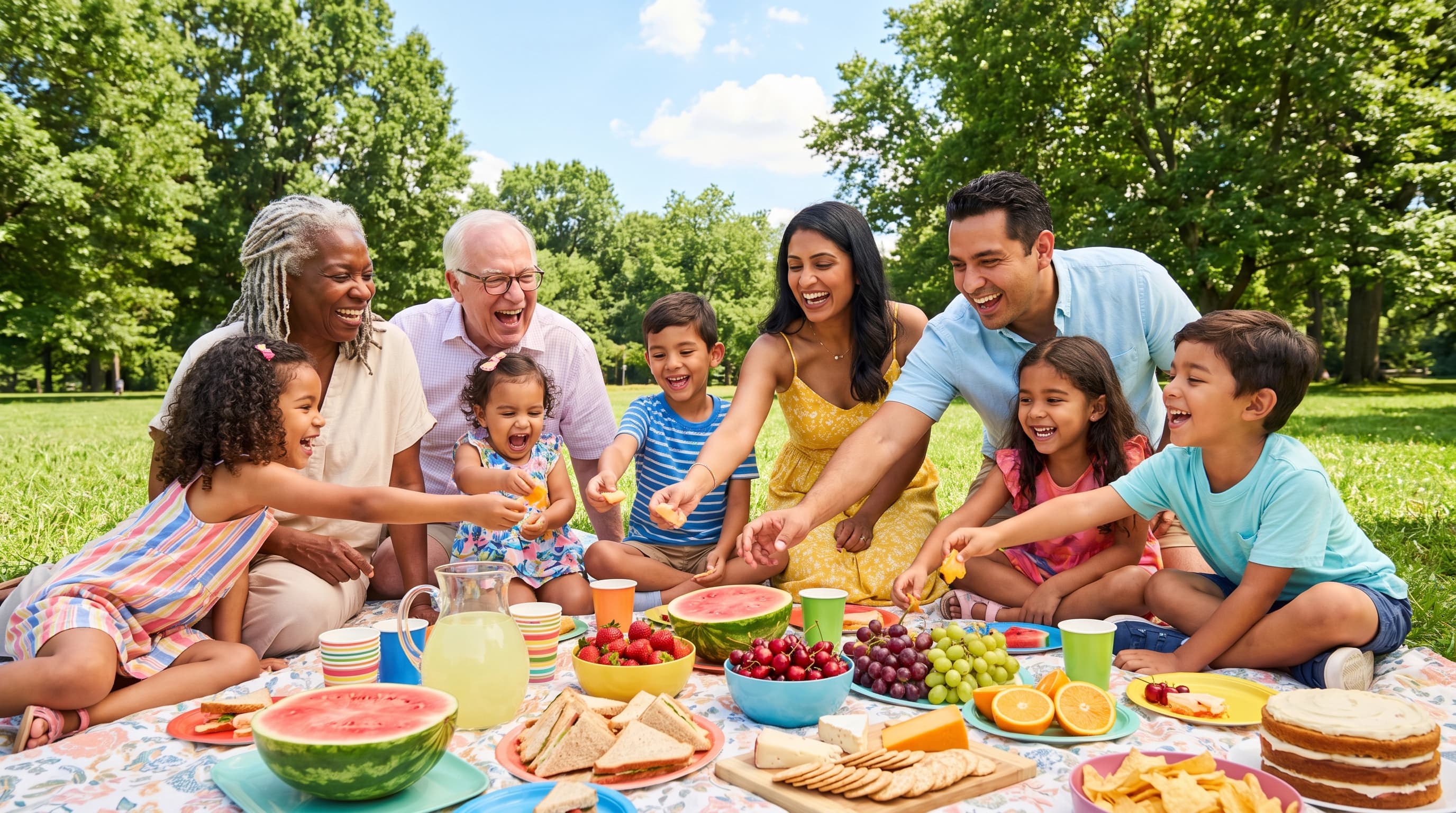 A foster family of nine sharing a picnic together in a sunlit park