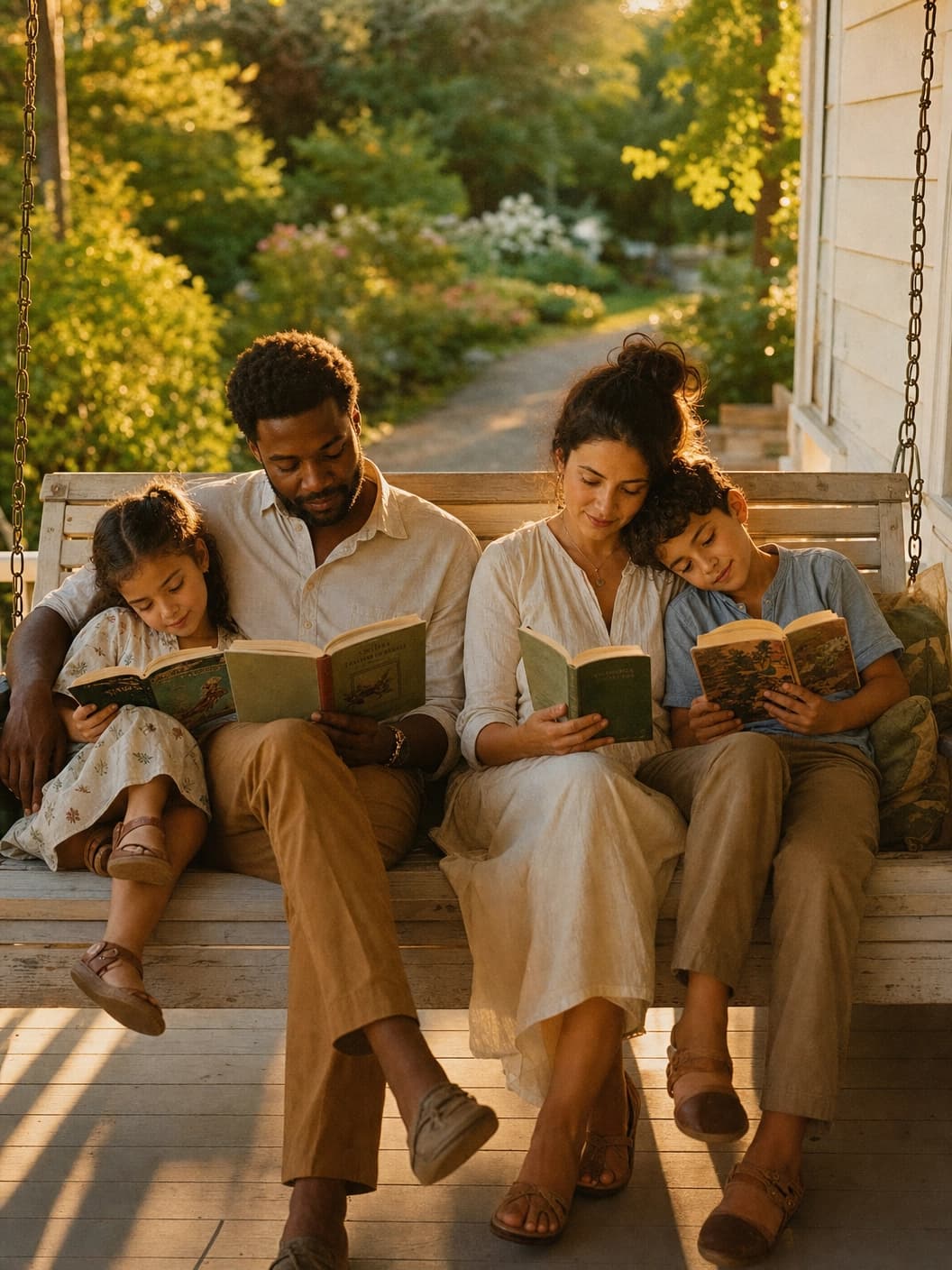 A family resting together on a porch swing in the afternoon