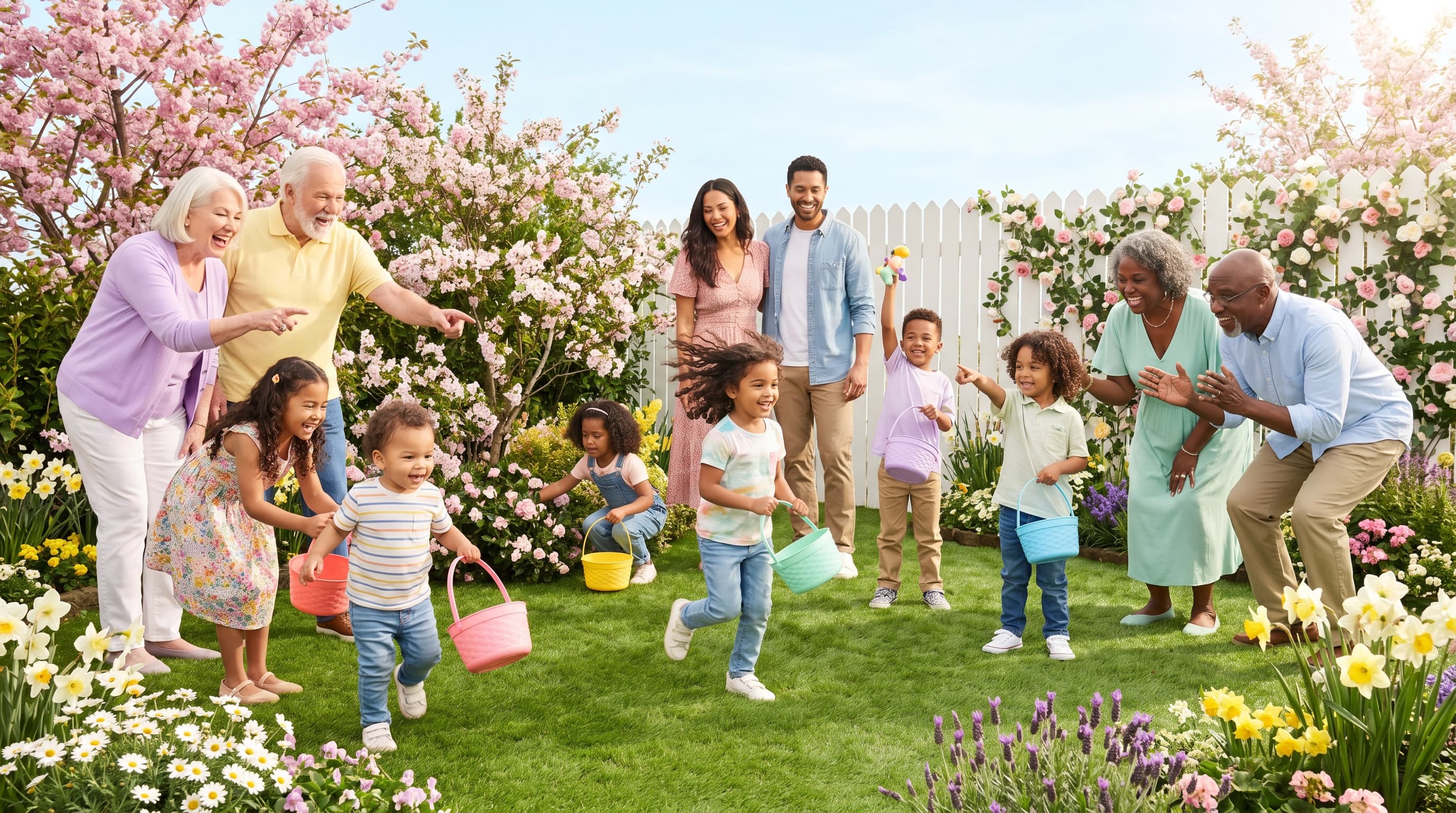 A family planting flowers together in a spring garden