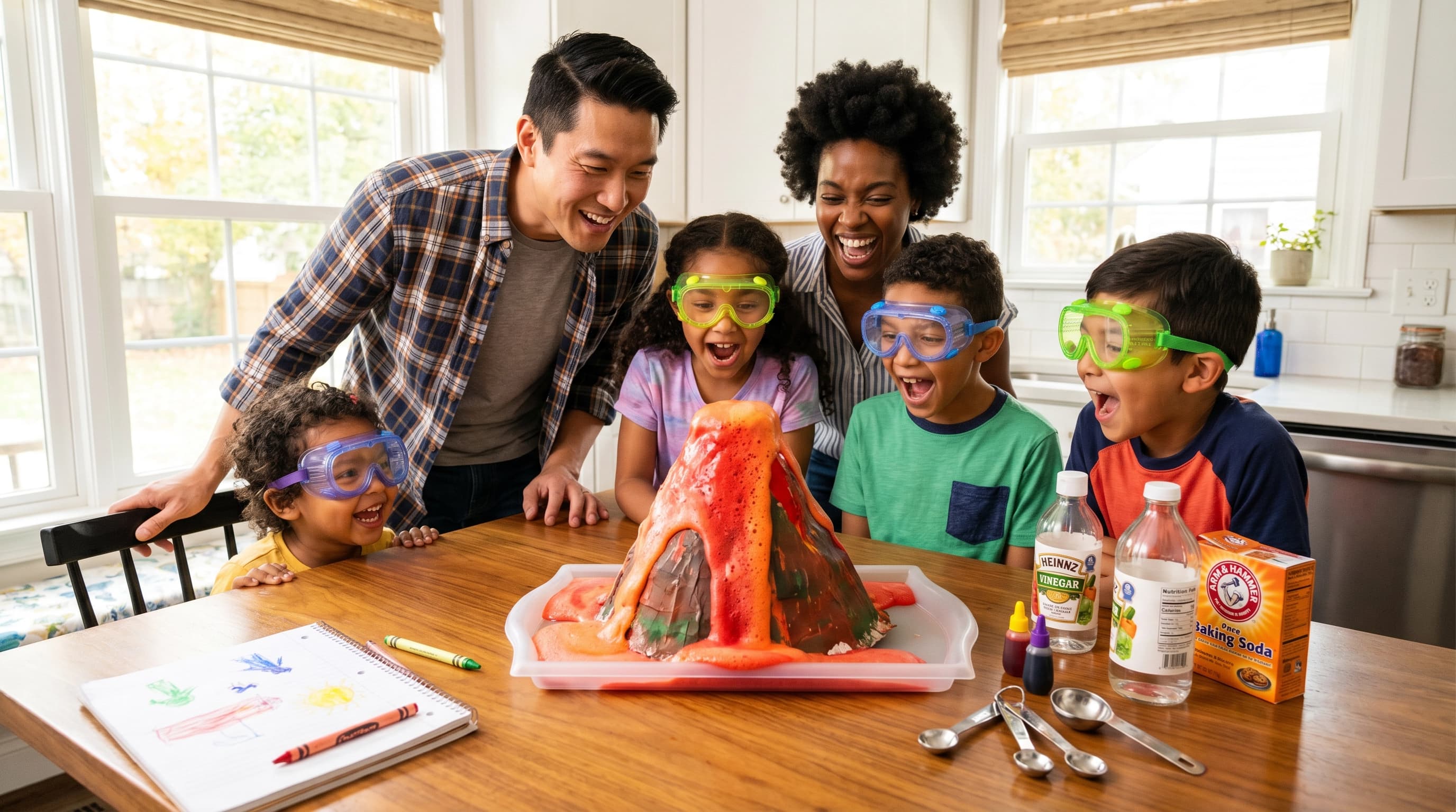 Children watching a baking-soda volcano experiment with delight